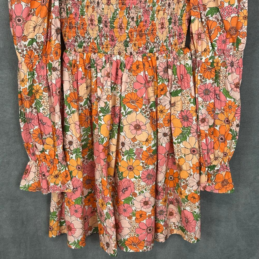 Gianni Bini Dress Womens Extra Small Orange Floral Smocked Babydoll Cottage Boho - Picture 3 of 11